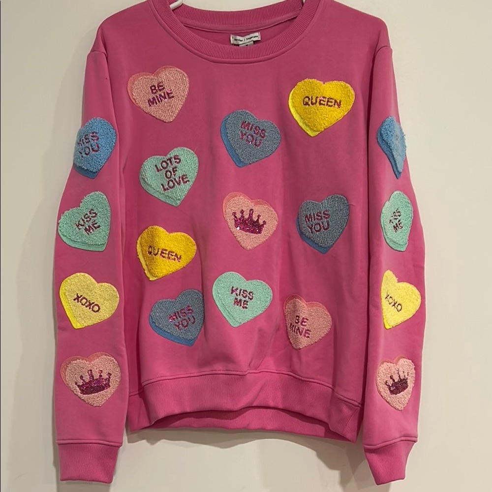 UPDATED!WORN ONCE - tags removed !! Pink Conversation Heart Patch Sweatshirt.